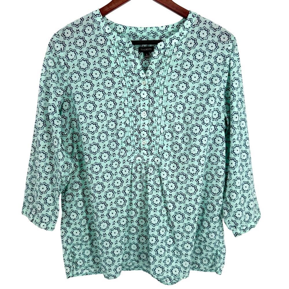 Talbots Sz Large Seafoam Green 3/4 Sleeve Business Blouse Shirt Top Tropical